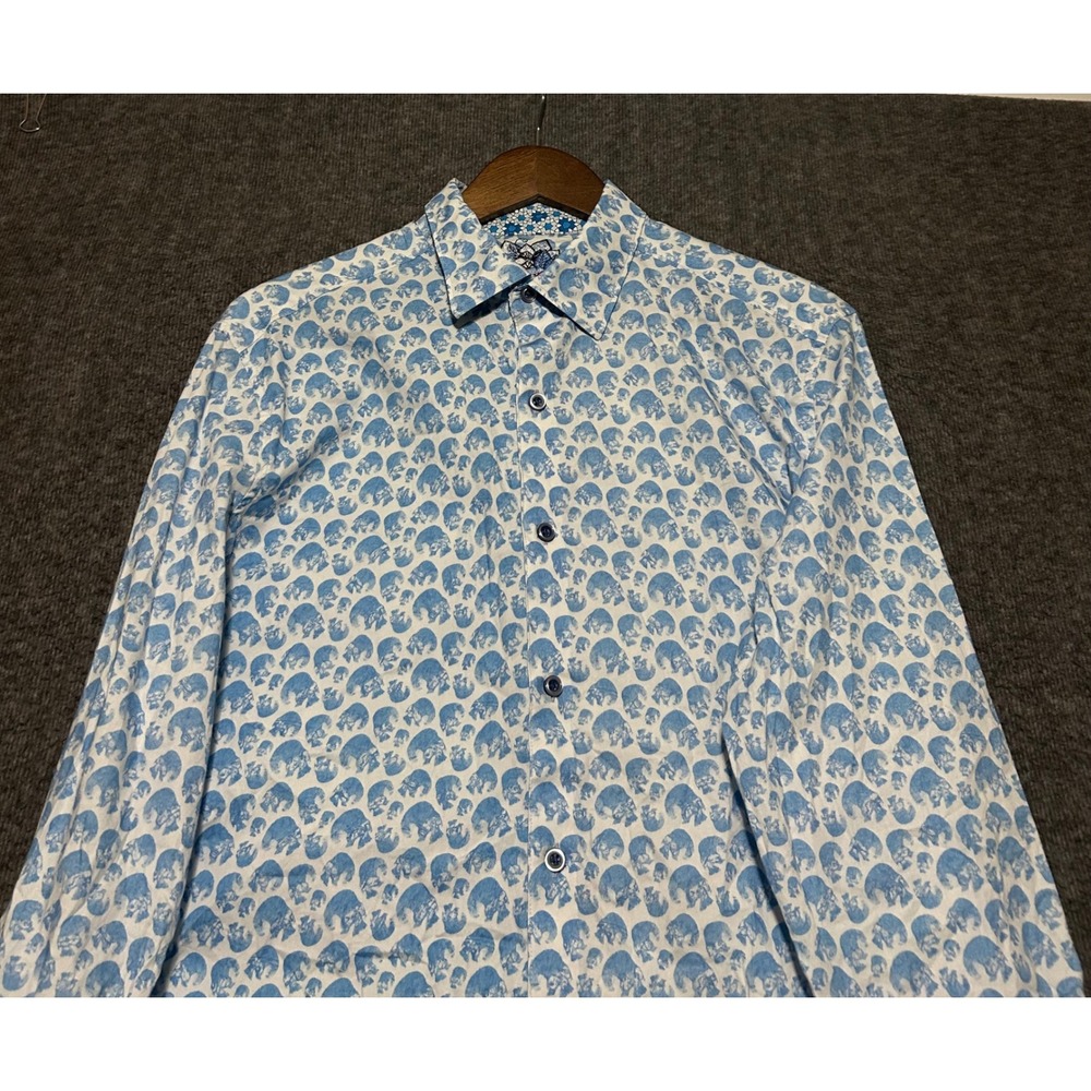 Robert Graham Shirt Men M Skull All Over Print Contrast Blue White Classic Fit